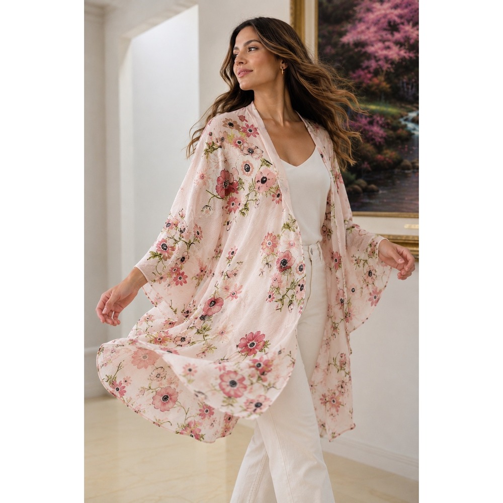 Jack & Missy Floral Kimono  Pink Boho Open Front Lightweight One Size Fits Most